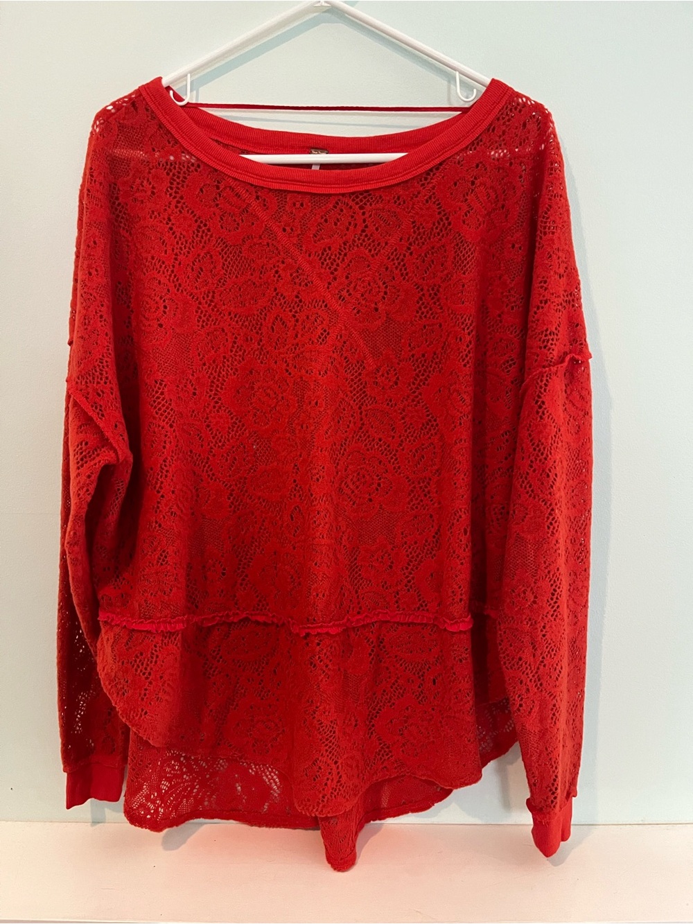 Free People Women’s Lace Mesh Top Sheer Floral Long Sleeve Red Orange, Sz Small